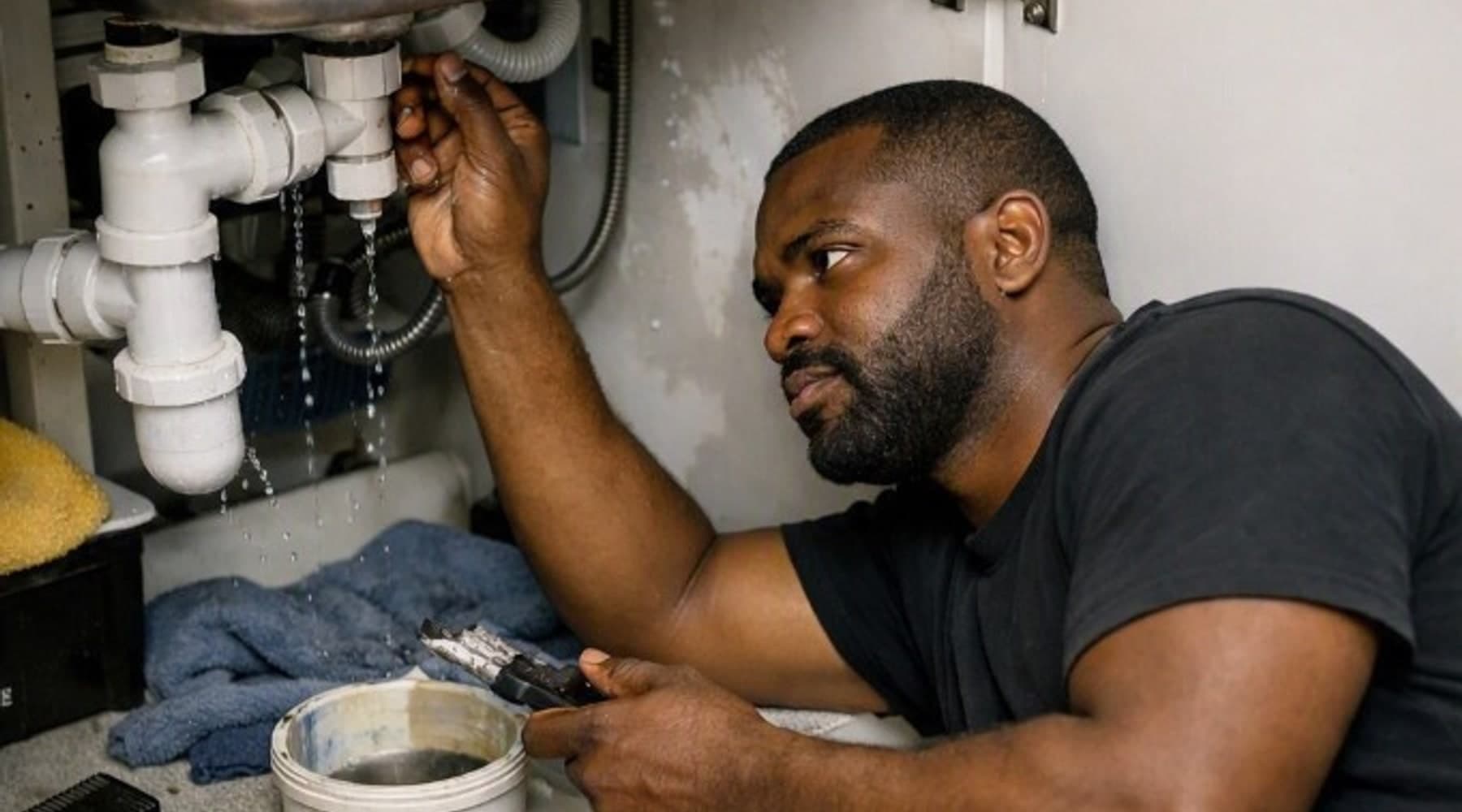 Under-sink plumbing repair in a UK kitchen